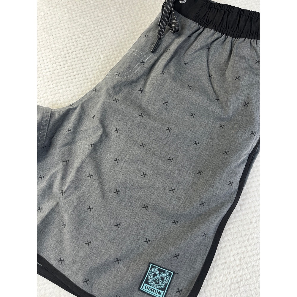 Dixxon Mens Gray Cross Pattern Board Shorts Elastic Waist Swim Trunks Size S